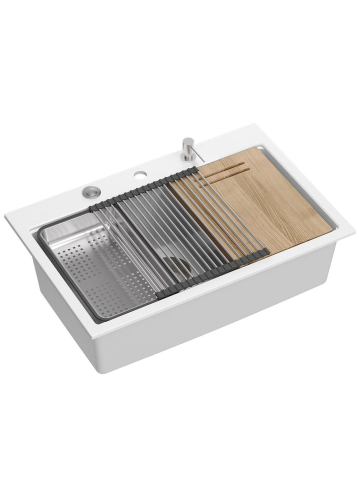 Bucatarie - Chiuveta din granit MARC 110 WORKSTATION ventil crom, Alb