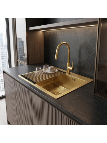 Chiuveta din otel inoxidabil REA Leo 50 auriu periat 500x450x185 mm cu accesorii [2]