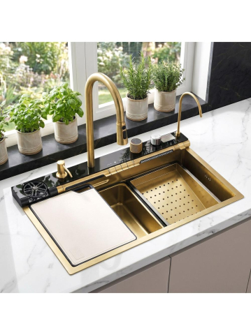 Bucatarie - Chiuvetă multifuncțională din oțel 10 în 1 REA Alonzo 75x46 cm auriu periat