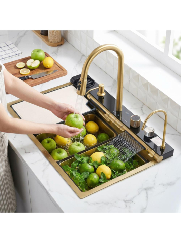 Chiuvetă multifuncțională din oțel 10 în 1 REA Alonzo 75x46 cm auriu periat [5]