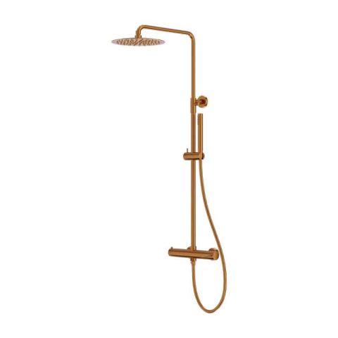 Sisteme de dus - Coloana de dus Lavita, Verdi, cu baterie, pălărie rotundă, bară și furtun, 1 jet, brushed copper