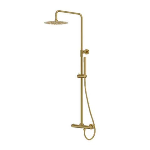 Sisteme de dus - Coloana de duș LaVita, Verdi, cu baterie termostatică, pălărie dus rotunda, bara si furtun, 1 jet, Brushed Gold