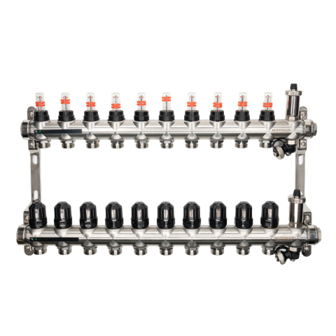 Distribuitoare - Distribuitor cu debitmetru 10 căi (1″ x 3/4″), aerisitor si robinet golire, Hoffman Underfloor Heating