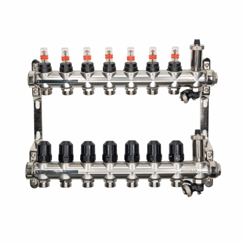 Distribuitoare - Distribuitor cu debitmetru 7 căi (1″ x 3/4″) cu aerisitor si robinet golire, Hoffman Underfloor Heating
