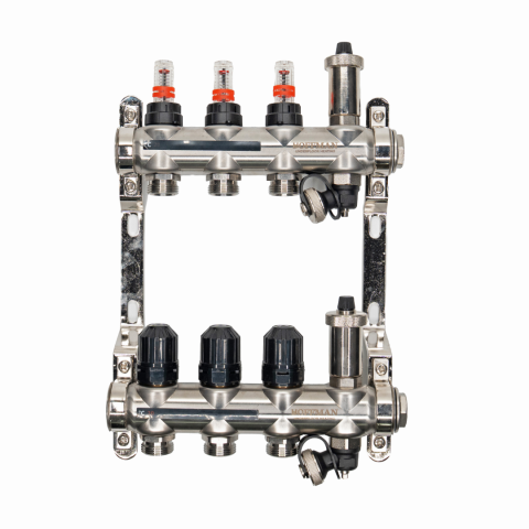 Distribuitoare - Distribuitor cu debitmetru 3 căi (1″ x 3/4″), aerisitor si robinet golire, Hoffman Underfloor Heating