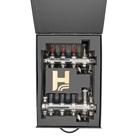 Distribuitor cu debitmetru 3 căi (1″ x 3/4″), aerisitor si robinet golire, Hoffman Underfloor Heating [1]