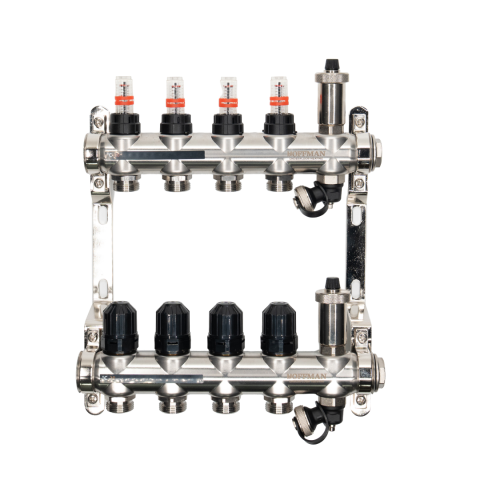 Distribuitoare - Distribuitor cu debitmetru 4 căi (1″ x 3/4″) cu aerisitor si robinet golire, Hoffman Underfloor Heating