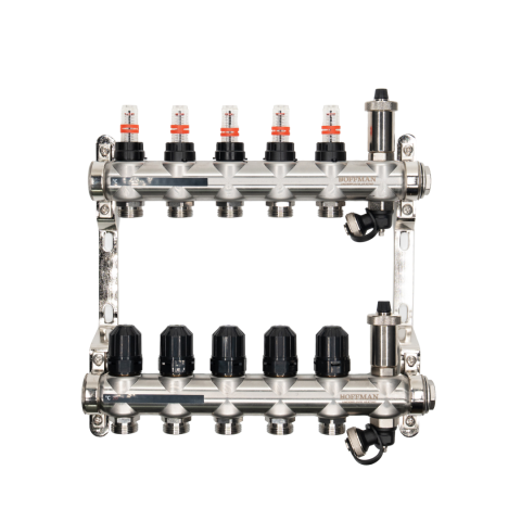 Distribuitoare - Distribuitor cu debitmetru 5 căi (1″ x 3/4″), aerisitor si robinet golire, Hoffman Underfloor Heating