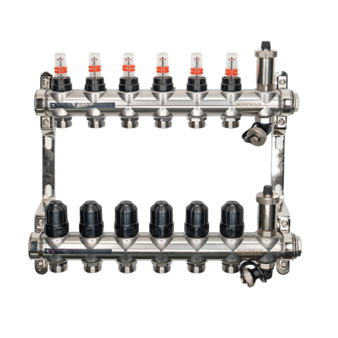 Distribuitoare - Distribuitor cu debitmetru 6 căi (1″ x 3/4″) cu aerisitor si robinet golire, Hoffman Underfloor Heating