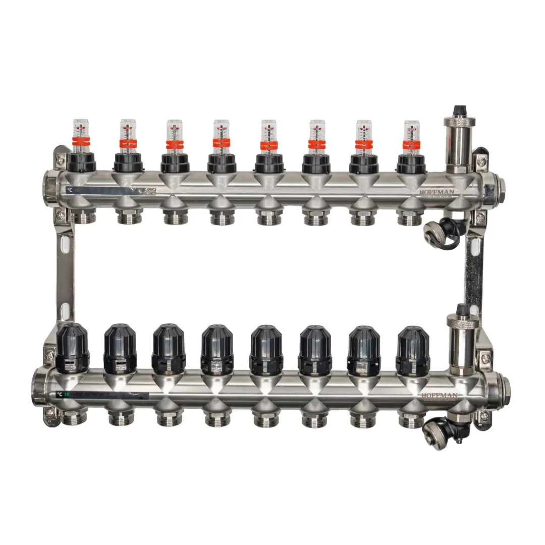 Distribuitoare - Distribuitor cu debitmetru 8 căi (1″ x 3/4″), aerisitor si robinet golire, Hoffman Underfloor Heating