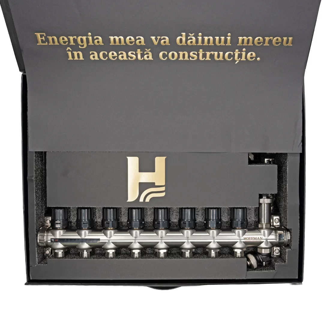 Distribuitor cu debitmetru 8 căi (1″ x 3/4″), aerisitor si robinet golire, Hoffman Underfloor Heating [2]