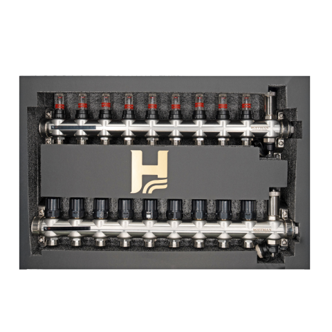 Distribuitor cu debitmetru 9 căi (1″ x 3/4″), aerisitor si robinet golire, Hoffman Underfloor Heating [4]