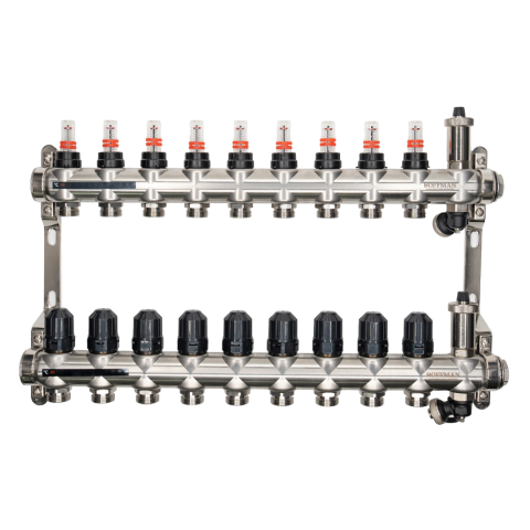 Distribuitoare - Distribuitor cu debitmetru 9 căi (1″ x 3/4″), aerisitor si robinet golire, Hoffman Underfloor Heating
