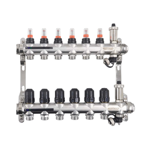 Incalzire in pardoseala - Distribuitor Hoffman Underfloor heating din inox cu debitmetru 12 cai 1″x3/4″ cu aerisitor si robinet golire