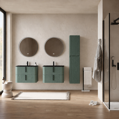 Dulap baie suspendat Fluminia Pisa, front riflat, 2 uși Soft Close, MDF, 31,4 x 31,5 x 130 cm, verde Italia [1]