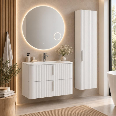 - Dulap baie suspendat Fluminia Pisa, front riflat, 2 uși Soft Close, MDF, alb, 31,4 x 31,5 x 130 cm [1]