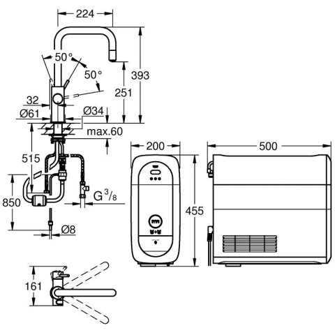 Grohe Blue Home Ondus Baterie de bucatarie cu sistem de filtrare, racire si acidulare, pipa U si dus extractibil, crom [1]