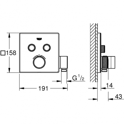Grohe Grohtherm SmartControl Baterie dus cu termostat cu 2 iesiri si suport, patrata [1]