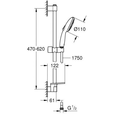 Grohe Tempesta Cube 110 Set dus cu bara 60 cm cu furtun metalic si savoniera, 2 jeturi [3]