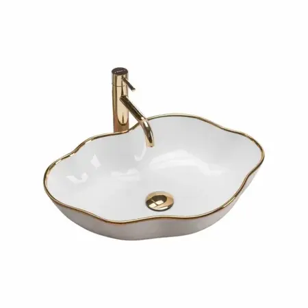 Obiecte Sanitare - Lavoar alb/auriu pe blat Rea Pearl Gold Edge 51,5 cm