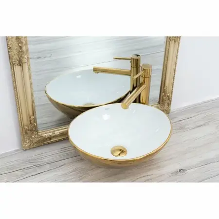 Obiecte Sanitare - Lavoar alb/auriu pe blat Rea Sofia 41 cm