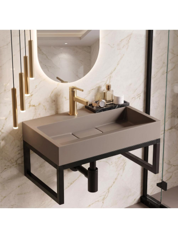 Obiecte Sanitare - Lavoar compozit Rea Goya Taupe mat 600mm dreptunghiular cu cadru negru
