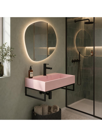Obiecte Sanitare - Lavoar pe blat Rea Goya Pink 60cm roz mat conglomerat cu cadru negru