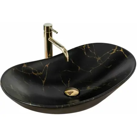 Obiecte Sanitare - Lavoar negru mat stil marmura pe blat Rea Royal 62 cm