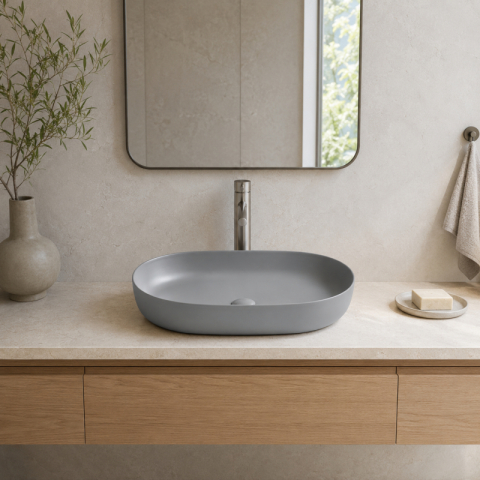 Lavoar pe blat Fluminia, Odera Slim, oval, 60 x 41.5 cm, gri deschis [1]