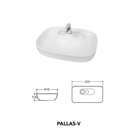 Lavoar pe blat, Fluminia, Pallas-V, dreptunghiular cu colturi rotunjite, 60 x 41 cm, cu capac pentru ventil, alb [1]