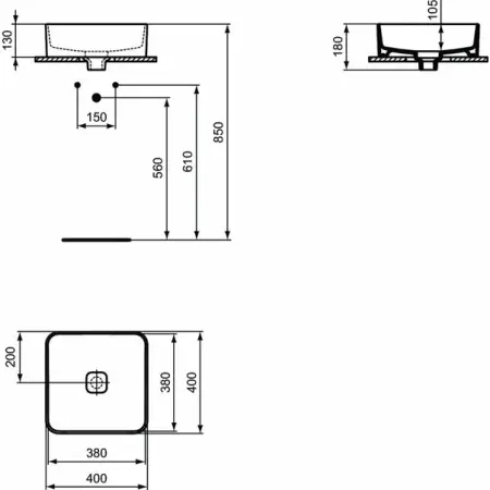 Lavoar pe blat Ideal Standard Strada II patrat 40x40 cm fara preaplin [4]