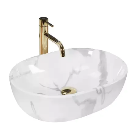Obiecte Sanitare - Lavoar pe blat Rea Amelia oval finisaj alb marmura lucios 48 cm