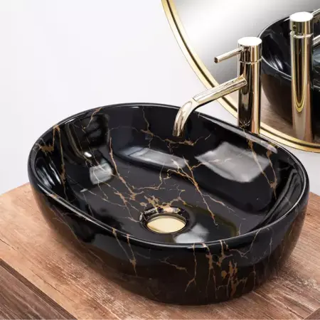 Obiecte Sanitare - Lavoar pe blat Rea Amelia oval finisaj negru marmura lucios 48 cm