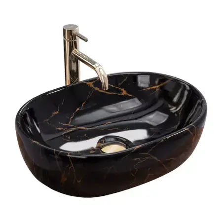 Lavoar pe blat Rea Amelia oval finisaj negru marmura lucios 48 cm [1]