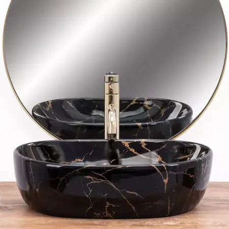 Lavoar pe blat Rea Amelia oval finisaj negru marmura lucios 48 cm [2]