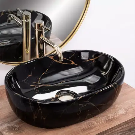 Lavoar pe blat Rea Amelia oval finisaj negru marmura lucios 48 cm [4]