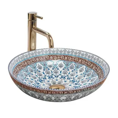 Obiecte Sanitare - Lavoar pe blat Rea Arte cu motive florale 40 cm albastru/auriu
