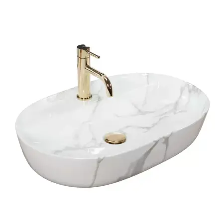 Obiecte Sanitare - Lavoar pe blat Rea Aura oval finisaj alb marmura lucios 61 cm