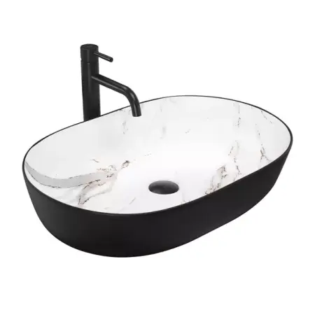 Obiecte Sanitare - Lavoar pe blat Rea Cleo Aiax oval finisaj alb piatra - negru mat 60 cm