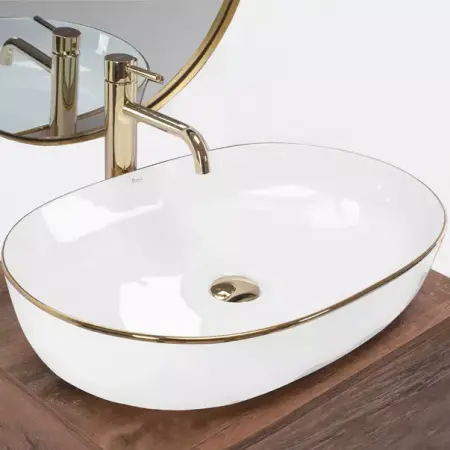 Obiecte Sanitare - Lavoar pe blat Rea Cleo oval finisaj alb - auriu 60 cm