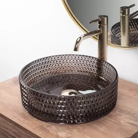 Obiecte Sanitare - Lavoar pe blat Rea Cristal rotund finisaj sticla neagra 36 cm