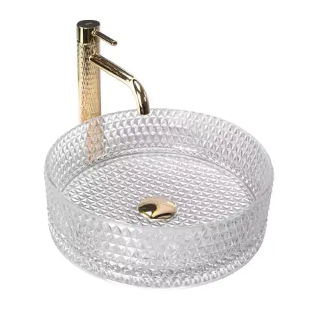 Obiecte Sanitare - Lavoar pe blat Rea Cristal rotund finisaj sticla transparenta 36 cm