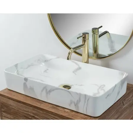 Lavoar pe blat Rea Denis 61 cm alb lucios stil marmura [5]