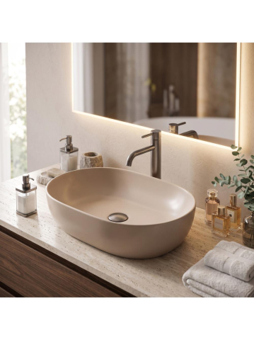 Lavoar pe blat Rea Lisa Mocca Matt oval ceramica sanitara 490x350 mm finisaj mat bej [4]