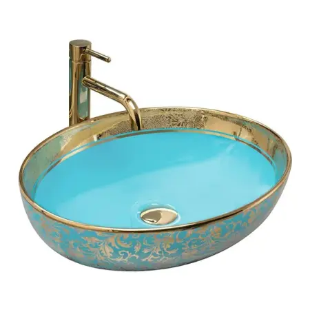 Obiecte Sanitare - Lavoar pe blat Rea Margot oval 52 cm albastru-auriu