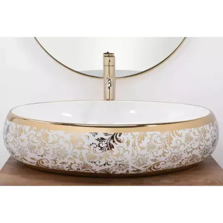Lavoar pe blat Rea Melania Meryl oval finisaj alb - auriu 60 cm [3]