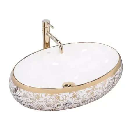 Obiecte Sanitare - Lavoar pe blat Rea Melania Meryl oval finisaj alb - auriu 60 cm