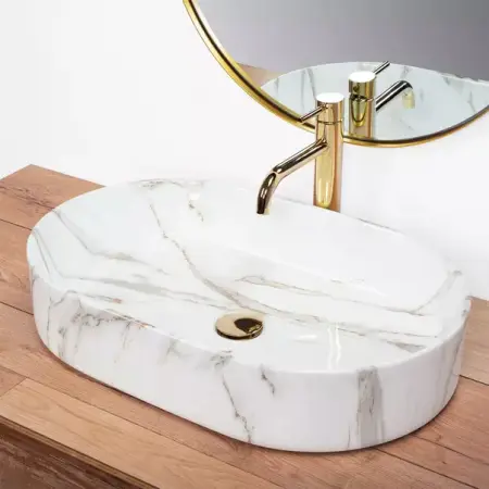 Lavoar pe blat Rea Nadia Aiax oval finisaj alb piatra lucios 61 cm [3]