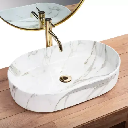 Lavoar pe blat Rea Nadia Aiax oval finisaj alb piatra lucios 61 cm [2]