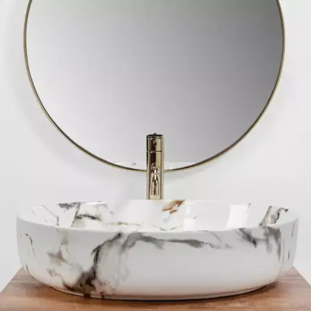 Obiecte Sanitare - Lavoar pe blat Rea Queen Carrara oval finisaj alb marmura lucios 55 cm